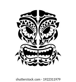 Tatuaje con máscara de demonio al estilo polinesio. Cara maorí. Patrones tribales hawaianos. Aislado. Vector 