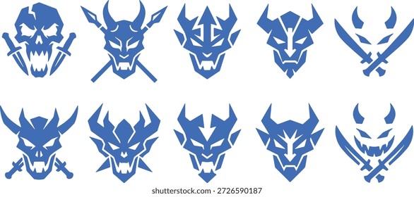 Vector de máscara de demonio azul conjunto de iconos de máscara de demonio, cara, monstruo, maldad, cuernos, dientes, miedo