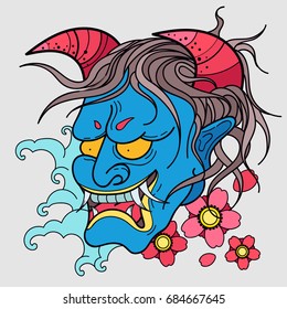 Demon mask with waves and flowers. Old school tattoo style. Tradition tattoo ink design.