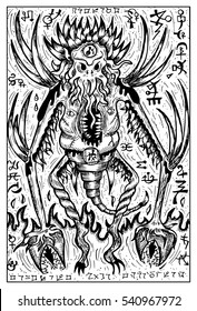 Demon or monster with mystic imaginary symbols (no foreign language). Fantasy magic creatures collection. Hand drawn vector illustration. Engraved line art drawing. Template for card game, poster