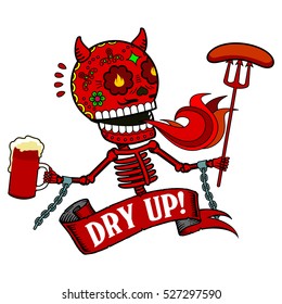 Demon with a mug of beer and grilled sausages on a trident. Vector flat and linear Illustration of skeleton. Web banners, advertisements, brochures, business templates. Isolated on a white background.