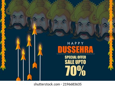 Demon Ravana in Happy Dussehra Navratri celebration India holiday background. Vector illustration