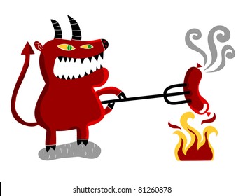 Demon roasts a sausage in the hells fire