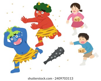 Demon running away with children throwing beans_Setsubun