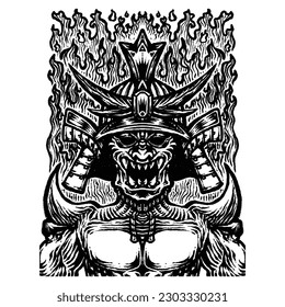 Demon Samurai, Oni Ronin, handgezeichnet, Vektorgrafik