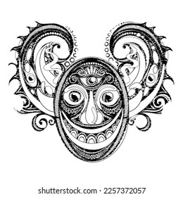 Demon with Scary Eyes Looking Into the Soul. Phantasmagorical Surreal Design. Vintage Stamp Stylization with Abstract Stains. Vector Illustration 