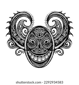 Demon with Scary Eyes Looking Into the Soul. Phantasmagorical Surreal Design. Vintage Stamp Stylization with Abstract Stains. Vector Illustration 