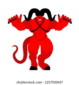 Demon is scary. Hands forward. Attack of red devil. Scary satan from hell