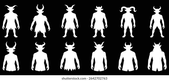 Demon silhouette, Demon devil, and hell silhouettes set, Silhouettes of horned demon figures in white on a black background