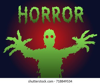 Demon silhouette with glowing eyes draws his hands. The horror genre. Scary halloween character. Vector illustration.