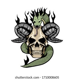 demon skull with angry snake for tattoo design or shirt
