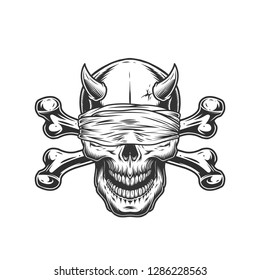 Demon skull with blindfold and crossbones in vintage monochrome style isolated vector illustration