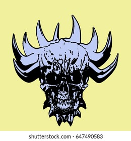 demon skull with corona of thorns. vector illustration. yellow background