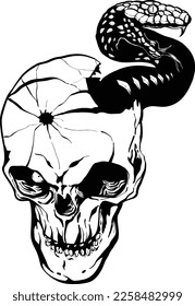 Demon skull with deadly snake horror tattoo art unique character design emblem logo print vector illustration drawing fear halloween python pit viper black and white