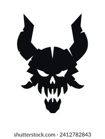 Calavera de demonio con cuernos. Vector. Silhouette de un demonio atontado con cuernos. Mascota héroe para cómics o juegos deportivos. Imagen para el diseño de camisetas. Estilo gótico moderno.