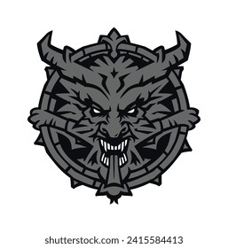 Demon skull with horns. Vector. Silhouette of a toothy devil with horns. Hero mascot for comics or sports game. Picture for T-shirt design. Gothic modern style.