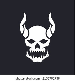 Demon Skull Icon Logo Design. Black and White Stencil Tattoo. Flat Vector Illustration on Black Background.