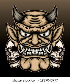 Demon with skull illustration. Premium vector