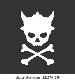 Demon skull jolly roger pirate flag design element with horns. Black and white stencil tattoo. Flat vector illustration on white background.