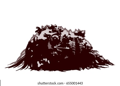 Demon skull lies in a pile of pus. Vector illustration. Severed head. Horror picture to Halloween