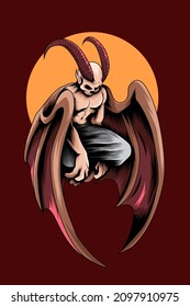 Demon skull with moon vector illustration