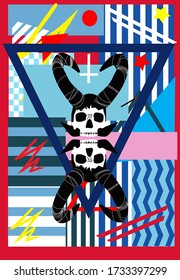 Demon skull with reflection and geometric, stripes, zigzag and mosaic, abstract  background 