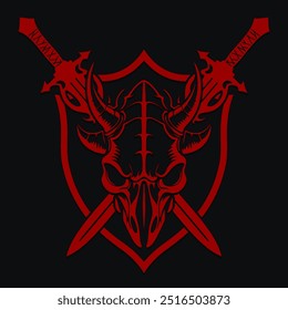 demon skull with shield and swords heraldry logo