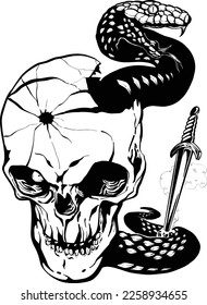 Demon skull with snake monster stabbed by dagger tattoo design vector art black and white