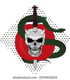 Demon skull sword snake tattoo vector