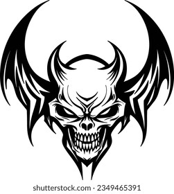 A demon skull with wings in a vintage style of illustration