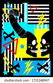 Demon skulls black color side view, funky blue and yellow background with stripes.