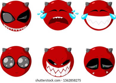 Demon smileys vector set. Bad devil smiley face or red emoticons with facial expressions and emotions like happy, angry and naughty isolated in white background. Vector illustration
