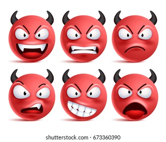 Demon smileys vector set. Bad devil smiley face or red emoticons with facial expressions and emotions like happy, angry and naughty isolated in white background. Vector illustration.