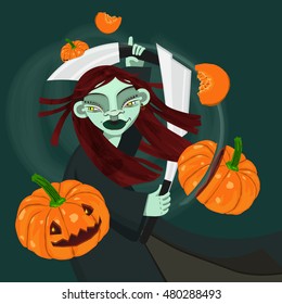 demon swords cut the pumpkin on a green background, monster with two swords, cut pumpkin, witch is preparing for Halloween, preparing for Halloween,witch chops pumpkin swords, card Halloween