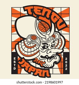 Demon Tengu Mask Japanese Style T-Shirt Illustration Design. Japanese Mask Illustration Vector Isolated. Suitable for T-Shirt Design, Poster, Logo, and Wallpaper.