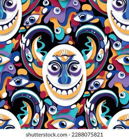 Demon with Thousand Eyes Looking Into the Soul. Phantasmagorical Surreal Design on Black. Pop Art Stylization with Abstract Stains. Seamless Pattern, Endless Texture. Vector 3d Illustration