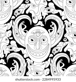 Demon with Thousand Eyes. Phantasmagorical Surreal Design on Black. Pop Art Stylization with Abstract Stains. Seamless Pattern, Endless Texture. Vector Contour Illustration. Coloring Book Page