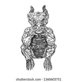 Demon vampire, human like monster creature chimera with fangs horns, and claws. Seating in aggressive position. Mystic and occult hand drawn engraved devil vector.