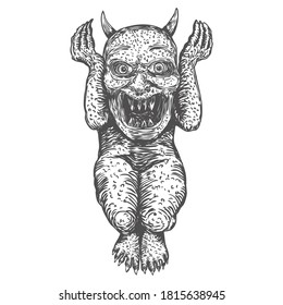 Demon vampire, human like monster creature chimera with fangs horns, and claws. Seating in aggressive position. Mystic and occult hand drawn engraved devil vector.