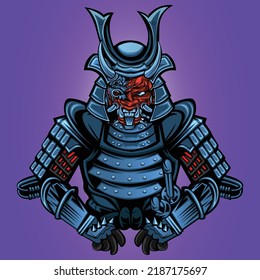 Demon wearing a samurai helmet mascot logo