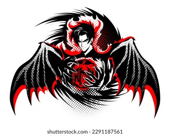 Demon con alas sostiene una esfera roja en sus manos. Manga y anime. Imagen vectorial en colores negro, blanco y rojo.