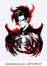 Demon with wings holds a red sphere with a city inside. Manga and anime style. Vector image in black, white and red colors.