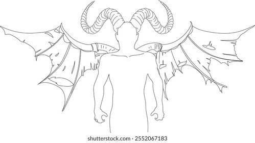 Demon with wings, line drawing 