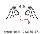 demon wings, sharp tail and horns doodle hand drawn icon set. Outline drawing demon wings, sharp tail and horns line clipart symbol collection. Vector illustration