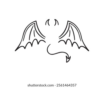 demon wings, sharp tail and horns doodle hand drawn icon set. Outline drawing demon wings, sharp tail and horns line clipart symbol collection. Vector illustration