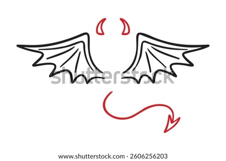 demon wings, sharp tail and horns doodle hand drawn icon set. Outline drawing demon wings, sharp tail and horns line clipart symbol collection. Vector illustration