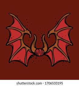 Demon wings spread out. Evil wings with big horns. Dangerous symbol illustration isolated on dark background
