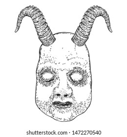 Demon without eyes face hand drawing. Monster face for Halloween props. Vector.