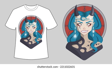 Demon Woman Halloween T-shirt Design Template. Pretty Demon Girl With Long Blue Hair And Horns. Vector Eps10 Illustration. Creepy Smile. Can Be Used For T-shirt Design And Tattoo. Attractive Succubus.