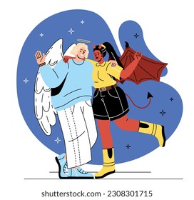 Demoness and angel couple. Man with halo and red woman with horns embrace. Love and romance. Poster or banner for website. Fantasy and imagination. Doodle flat vector illustration